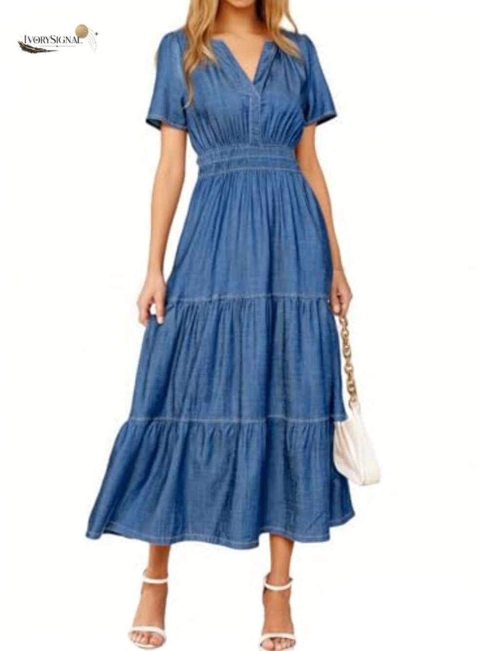 Simplee Womens Denim Maxi Dress Short Sleeve V Neck Smocked Casual